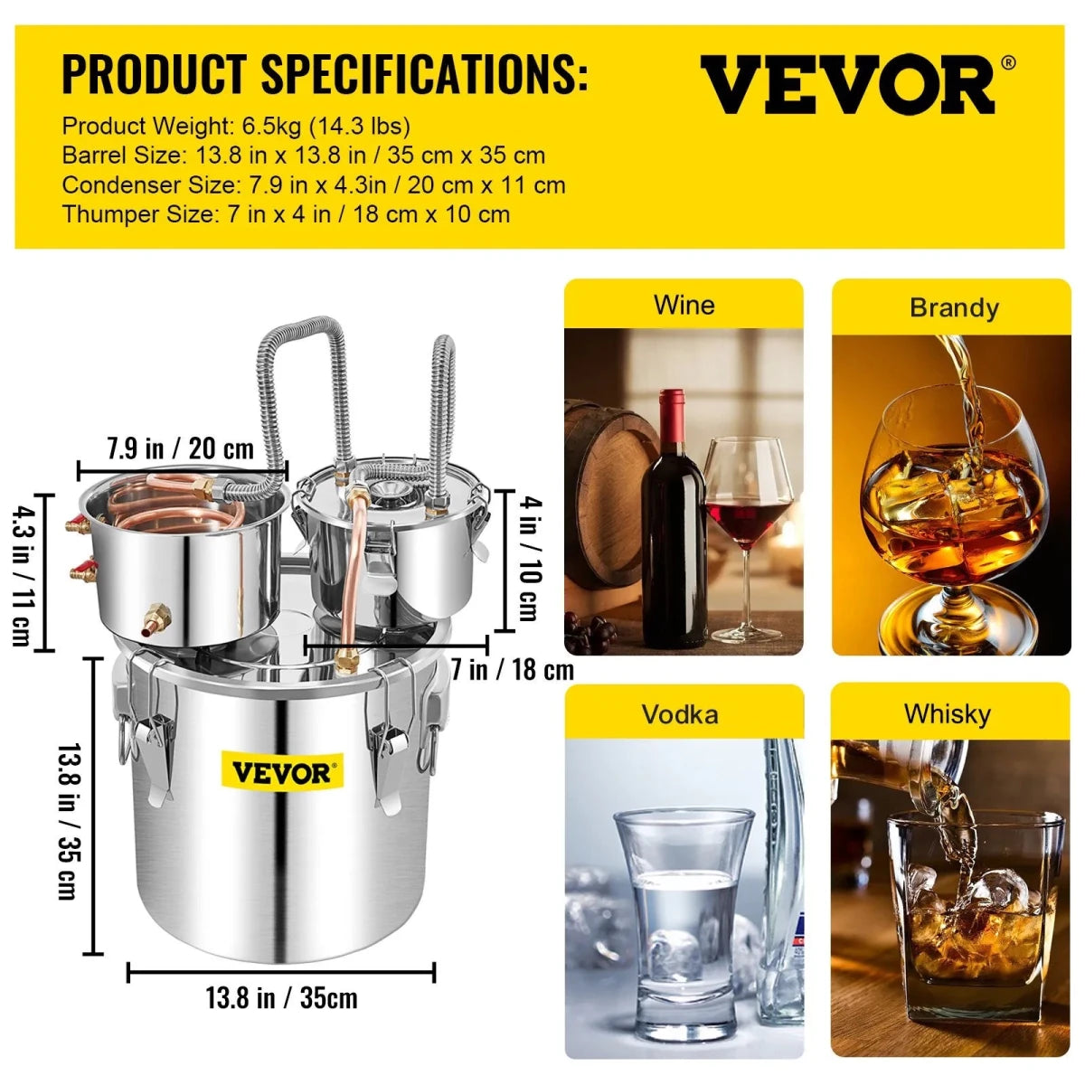 Vevor Moonshine Still 30L Home Use Distiller Brewing Stainless Steel Water Essential Oil Double Keg - Distillery King Australia