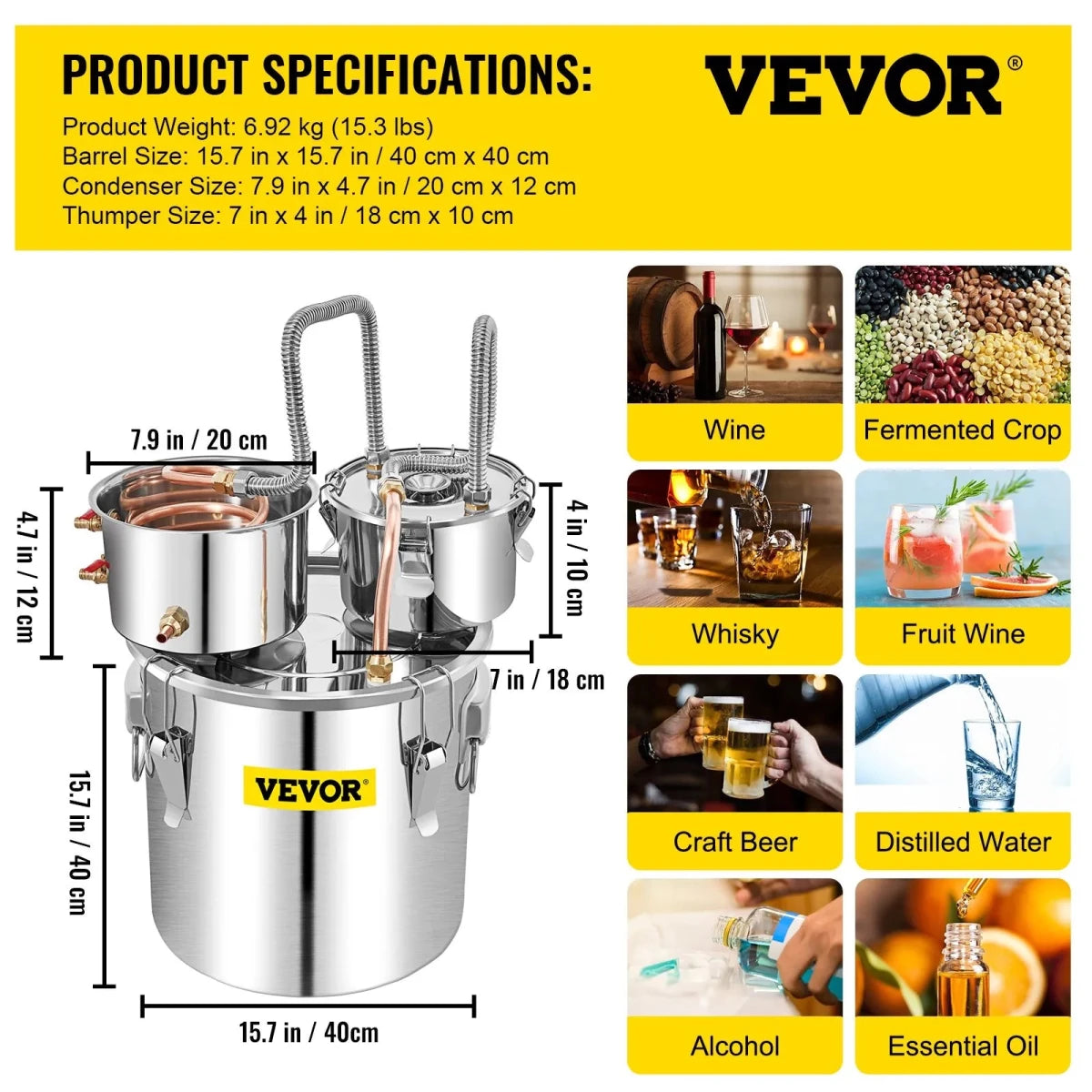 VEVOR Moonshine Still 50L Distiller Stainless Steel Water Alcohol Essential Oils Copper Tube with Circulating Pump Home Brewing Kit Build-in Thermometer - Distillery King Australia