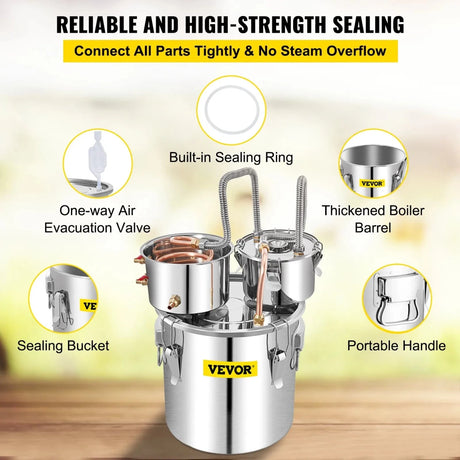 VEVOR Moonshine Still 50L Distiller Stainless Steel Water Alcohol Essential Oils Copper Tube with Circulating Pump Home Brewing Kit Build-in Thermometer - Distillery King Australia
