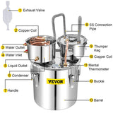 VEVOR Moonshine Still 50L Distiller Stainless Steel Water Alcohol Essential Oils Copper Tube with Circulating Pump Home Brewing Kit Build-in Thermometer - Distillery King Australia