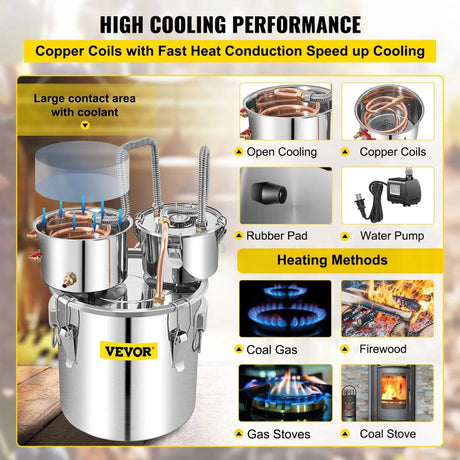 VEVOR Moonshine Still 50L Distiller Stainless Steel Water Alcohol Essential Oils Copper Tube with Circulating Pump Home Brewing Kit Build-in Thermometer - Distillery King Australia