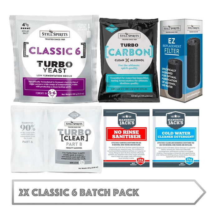 2x Classic 6 Batch Pack: 2x Still Spirits Classic 6 Yeast, 2x Turbo Carbon, 2x Turbo Clear, 2x EZ Filter, 2x Cold Water Detergent & 2x No-Rinse Sanitiser