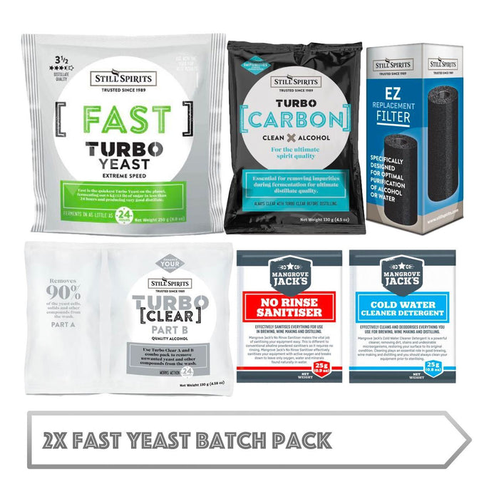 2x Fast Yeast Batch Pack: 2x Still Spirits Fast Yeast, 2x Turbo Carbon, 2x Turbo Clear, 2x EZ Filter, 2x Cold Water Detergent & 2x No-Rinse Sanitiser