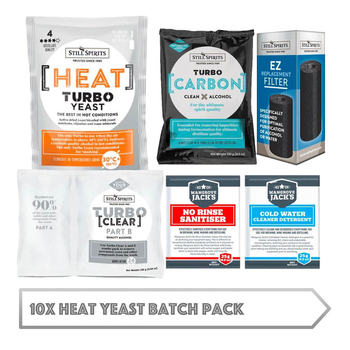 10x Heat Yeast Batch Pack: 10x Still Spirits Heat Yeast, 10x Turbo Carbon, 10x Turbo Clear, 10x EZ Filter, 10x Cold Water Detergent & 10x No-Rinse Sanitiser