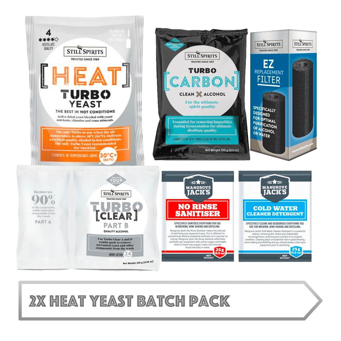 2x Heat Yeast Batch Pack: 2x Still Spirits Heat Yeast, 2x Turbo Carbon, 2x Turbo Clear, 2x EZ Filter, 2x Cold Water Detergent & 2x No-Rinse Sanitiser