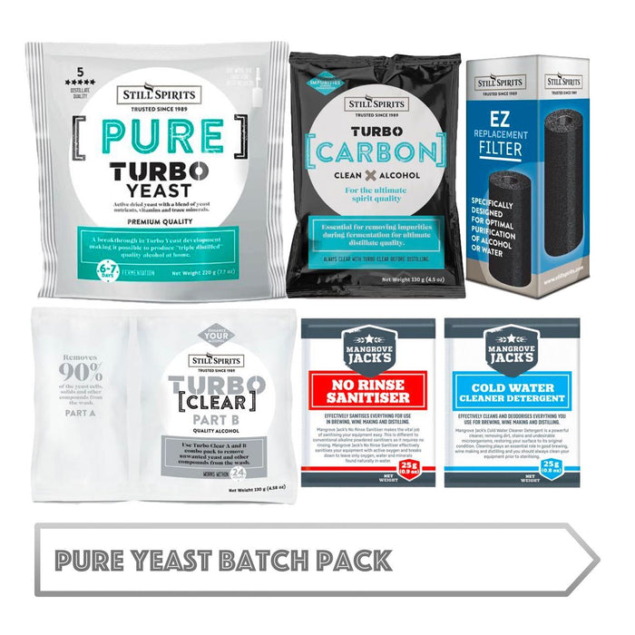 Pure Yeast Batch Pack: Still Spirits Pure Yeast, Turbo Carbon, Turbo Clear, EZ Filter, Cold Water Detergent & No-Rinse Sanitiser
