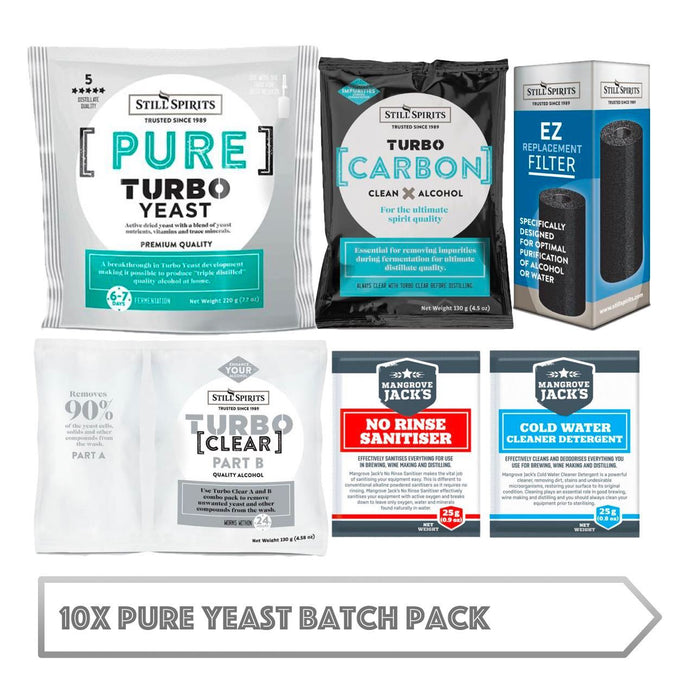 10x Pure Yeast Batch Pack: 10x Still Spirits Pure Yeast, 10x Turbo Carbon, 10x Turbo Clear, 10x EZ Filter, 10x Cold Water Detergent & 10x No-Rinse Sanitiser