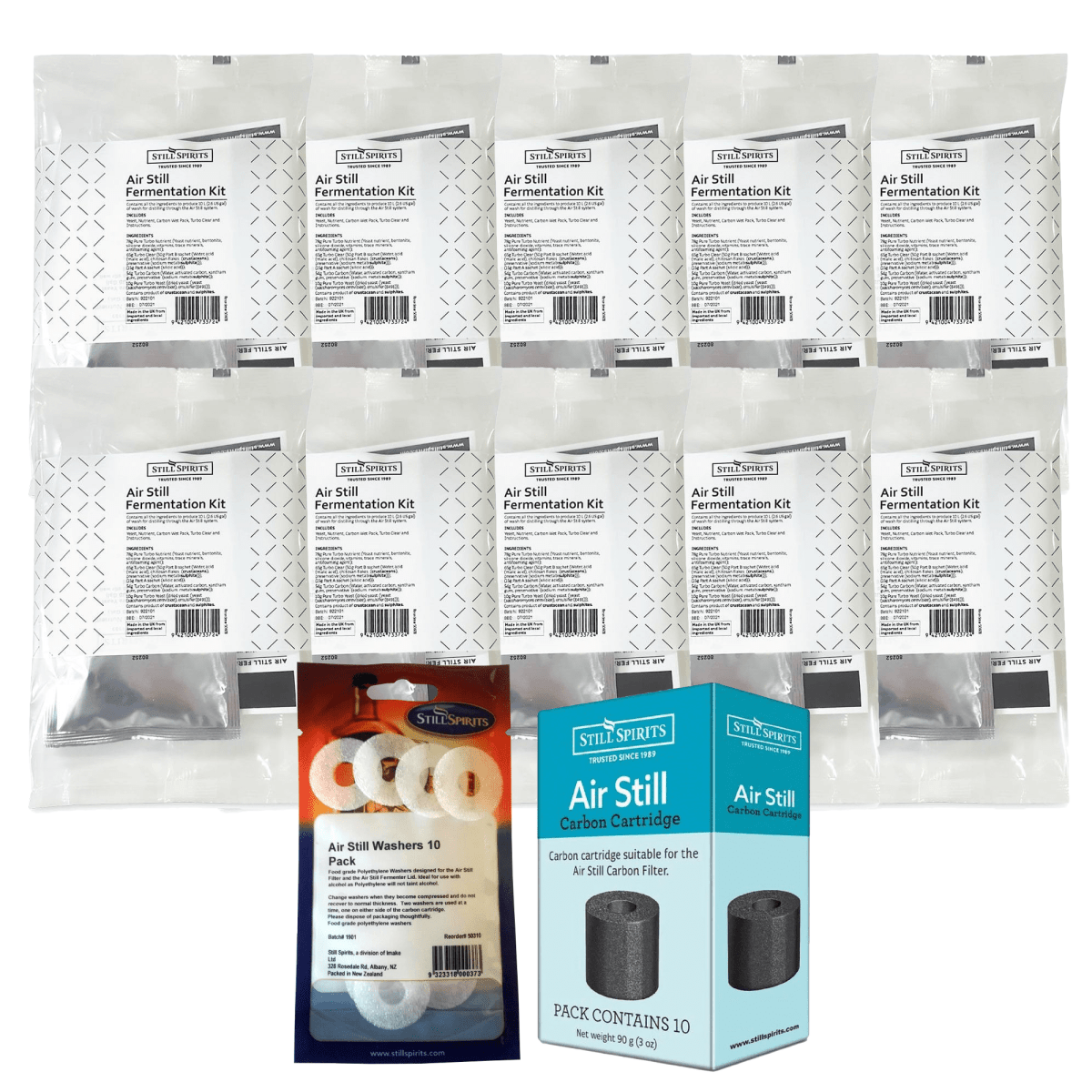 Air Still Yeast SUPER MEGA PACK 10x Air Still Fermentation Kits 10x Air Still Carbon Cartridges 10x Air Still Washers - Distillery King Australia