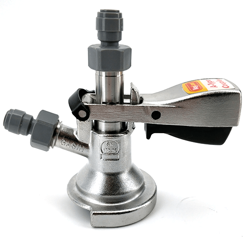 A-Type Commercial Keg Coupler - Full Stainless Steel - duotight 5/8" to 8mm push in with Low Profile Elbow Bend